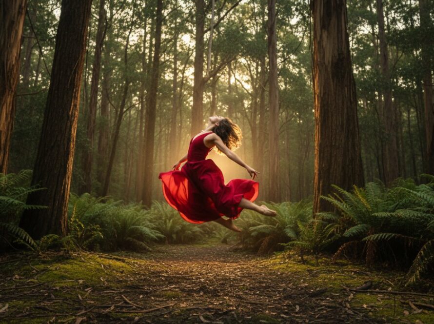 A powerful female dancer in a flowing red costume leaps mid-air against the lush, green backdrop of Kallista's ancient trees, perfectly illustrating capturing expressive Kallista dance photography outdoors with dramatic lighting.