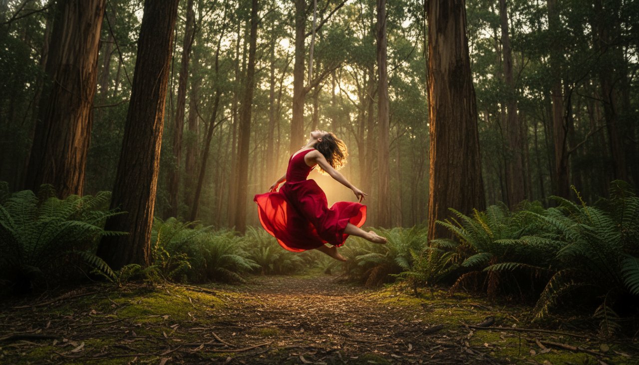 A powerful female dancer in a flowing red costume leaps mid-air against the lush, green backdrop of Kallista's ancient trees, perfectly illustrating capturing expressive Kallista dance photography outdoors with dramatic lighting.