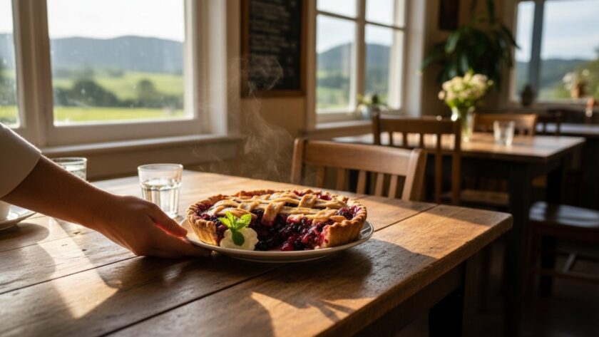An artistic, top-down shot of a freshly prepared, vibrant seasonal salad from a Gembrook cafe, bathed in warm, natural light filtering through a window, with the Dandenong Ranges subtly blurred in the background, perfectly capturing Gembrook's gourmet delights professional food photography.