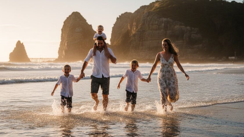 A family joyfully runs along the sandy shore of Sorrento Beach at sunset, capturing genuine candid moments Mornington Peninsula, with golden light reflecting on the water and their laughter visible, showcasing authentic connection.