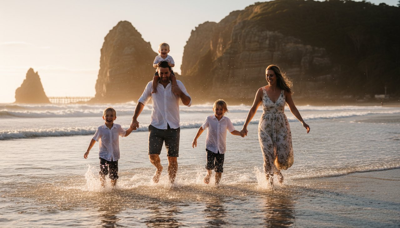 A family joyfully runs along the sandy shore of Sorrento Beach at sunset, capturing genuine candid moments Mornington Peninsula, with golden light reflecting on the water and their laughter visible, showcasing authentic connection.