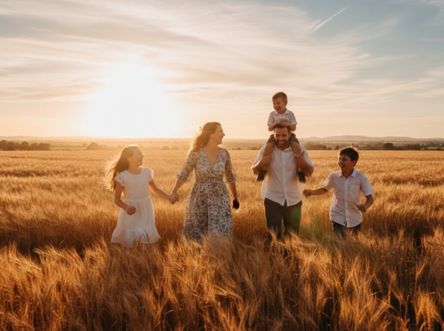 A vibrant, sun-drenched photograph of a family laughing joyfully together in a sprawling Tyabb orchard at sunset, illustrating the art of capturing genuine family joy Tyabb VIC with an epic, heartfelt moment.