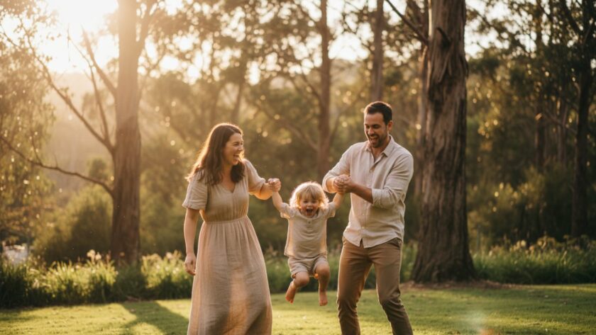 An epic moment of genuine joy and laughter, capturing genuine Selby family moments candidly, as parents playfully swing their child between them in the golden hour light of a Selby park, with eucalyptus trees in the background.