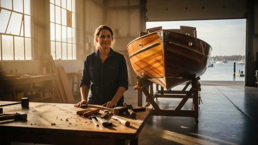 A dynamic, wide-angle shot of a skilled artisan at work inside their modern workshop in Hastings, Victoria, bathed in dramatic natural light, embodying the spirit of local entrepreneurship. This image perfectly illustrates capturing Hastings business stories commercial photography with authenticity.