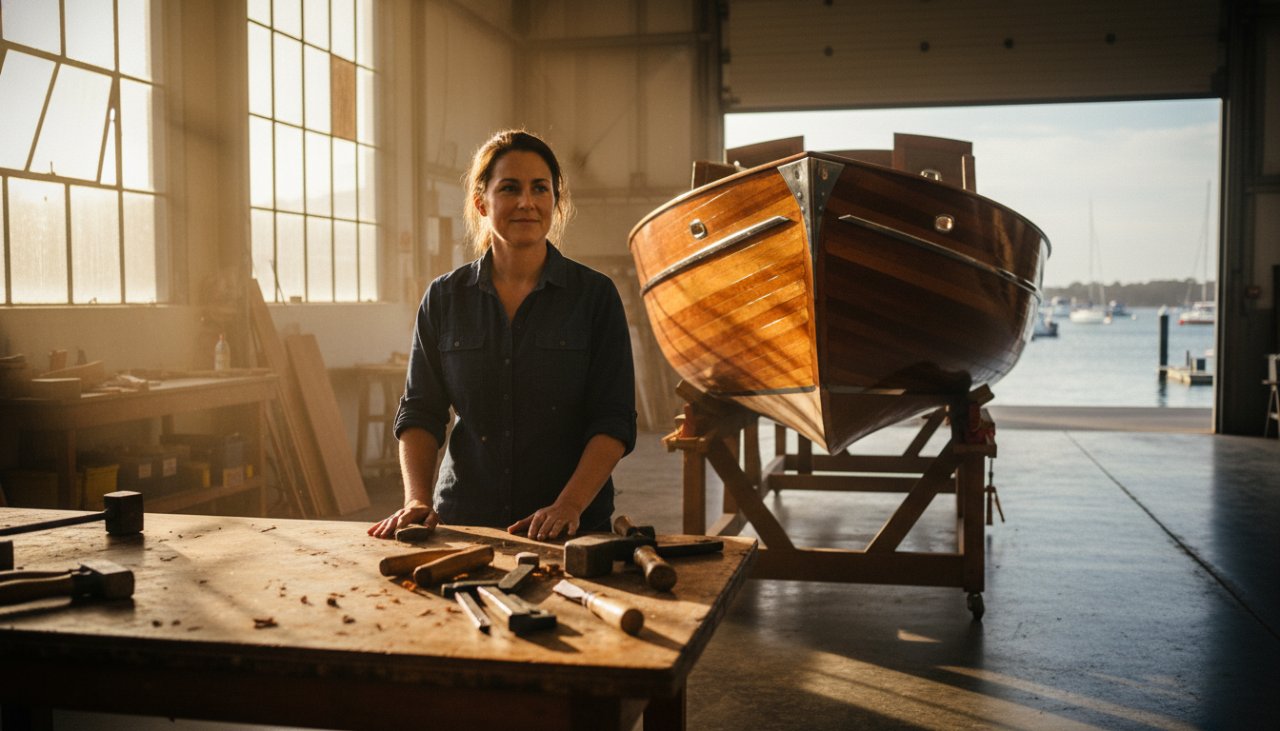 A dynamic, wide-angle shot of a skilled artisan at work inside their modern workshop in Hastings, Victoria, bathed in dramatic natural light, embodying the spirit of local entrepreneurship. This image perfectly illustrates capturing Hastings business stories commercial photography with authenticity.