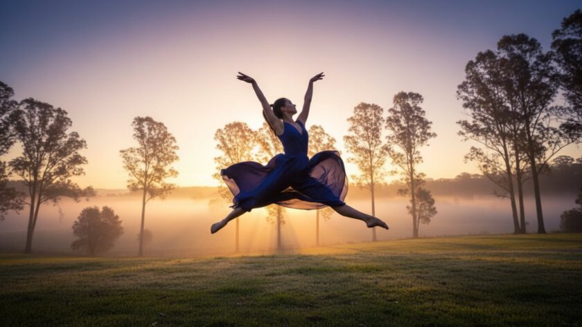 A vibrant, high-energy photograph Capturing Healesville Dance Photography Kinetic Artistry, showing a dancer mid-leap against a misty Yarra Valley sunrise, showcasing powerful movement and grace.