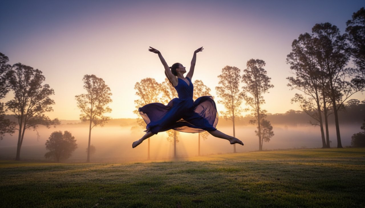 A vibrant, high-energy photograph Capturing Healesville Dance Photography Kinetic Artistry, showing a dancer mid-leap against a misty Yarra Valley sunrise, showcasing powerful movement and grace.