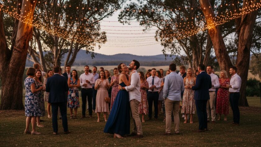An epic moment photograph showcasing guests laughing joyfully under a canopy of fairy lights at an outdoor evening event in Chum Creek, capturing heartfelt moments Chum Creek events with warm, inviting light.