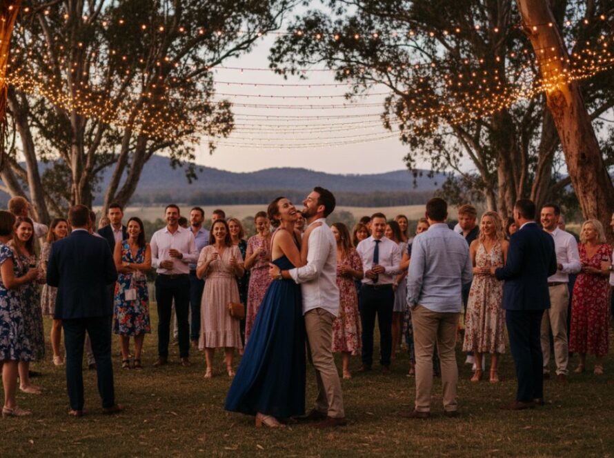An epic moment photograph showcasing guests laughing joyfully under a canopy of fairy lights at an outdoor evening event in Chum Creek, capturing heartfelt moments Chum Creek events with warm, inviting light.