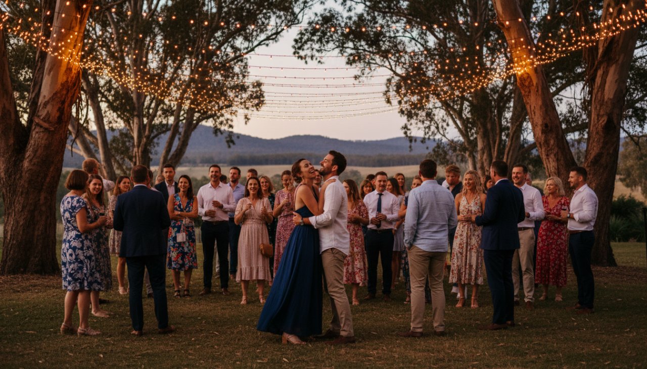 An epic moment photograph showcasing guests laughing joyfully under a canopy of fairy lights at an outdoor evening event in Chum Creek, capturing heartfelt moments Chum Creek events with warm, inviting light.