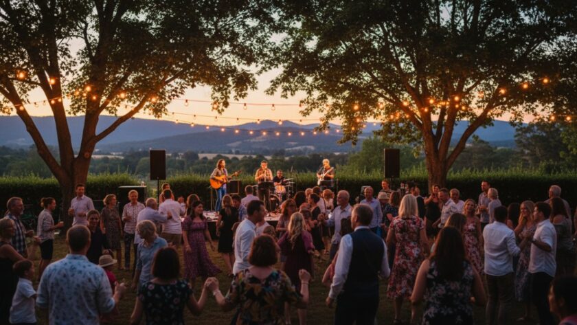 An epic moment captured at a vibrant outdoor Montrose community festival, showing joyful families enjoying live music with the stunning Dandenong Ranges in the background, embodying heartfelt Montrose community events photography.