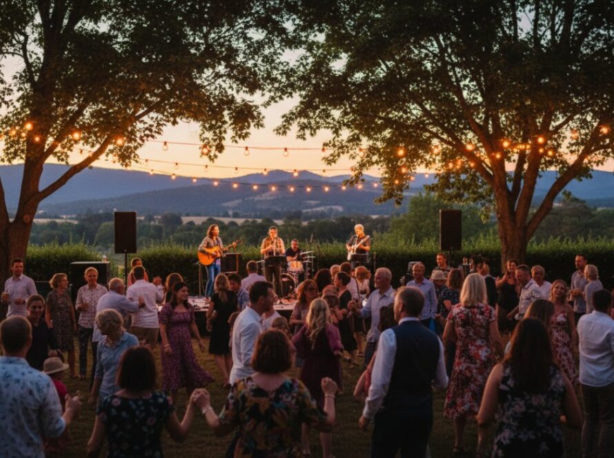 An epic moment captured at a vibrant outdoor Montrose community festival, showing joyful families enjoying live music with the stunning Dandenong Ranges in the background, embodying heartfelt Montrose community events photography.