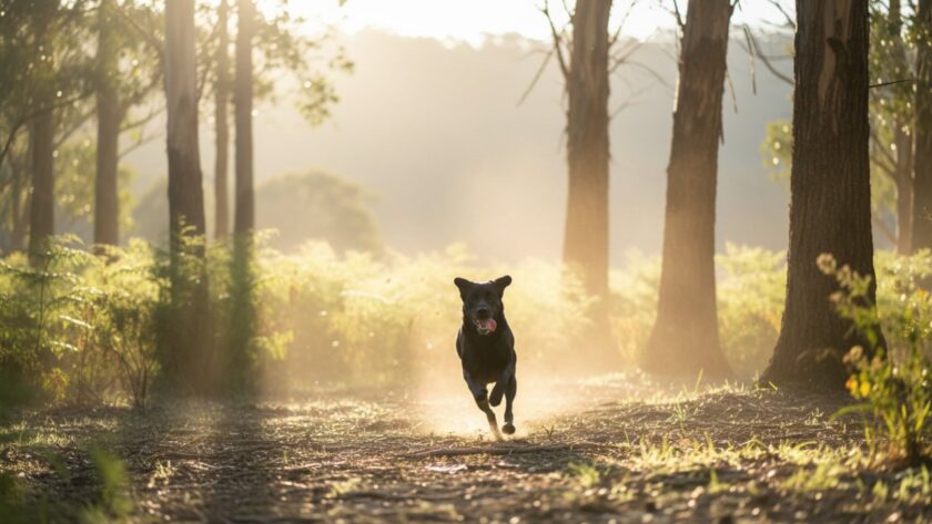 An energetic golden retriever mid-leap, silhouetted against a golden sunset over the Dandenong Ranges in Selby, Victoria, an epic moment capturing heartfelt pet photography Selby Victoria; pure joy on its face, dirt flying, dynamic action shot.