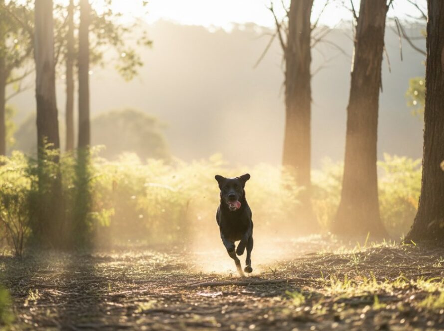 An energetic golden retriever mid-leap, silhouetted against a golden sunset over the Dandenong Ranges in Selby, Victoria, an epic moment capturing heartfelt pet photography Selby Victoria; pure joy on its face, dirt flying, dynamic action shot.