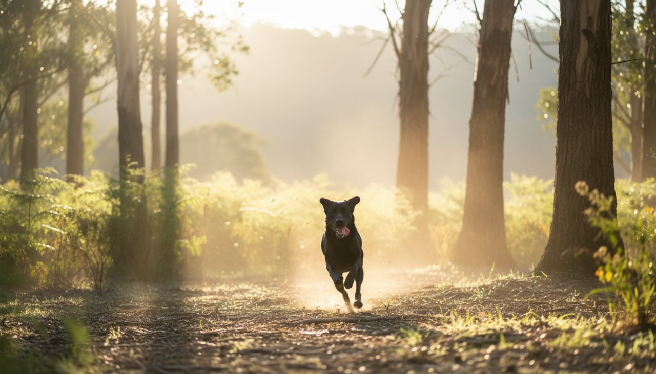 An energetic golden retriever mid-leap, silhouetted against a golden sunset over the Dandenong Ranges in Selby, Victoria, an epic moment capturing heartfelt pet photography Selby Victoria; pure joy on its face, dirt flying, dynamic action shot.