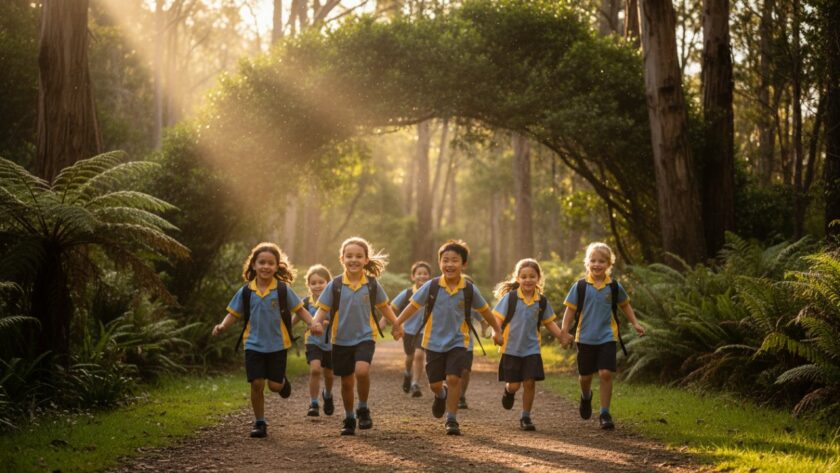 A vibrant, emotionally resonant 'epic moment' photograph capturing heartfelt school portraits Ferny Creek, featuring a group of beaming primary school children in their uniforms, laughing together on a sun-dappled path surrounded by the lush, towering trees of the Dandenong Ranges in Ferny Creek, Victoria. The natural light filters beautifully through the canopy, highlighting their joyful expressions, with a sense of connection and innocence.