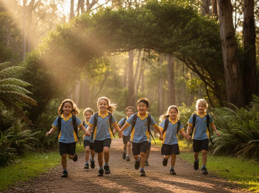 A vibrant, emotionally resonant 'epic moment' photograph capturing heartfelt school portraits Ferny Creek, featuring a group of beaming primary school children in their uniforms, laughing together on a sun-dappled path surrounded by the lush, towering trees of the Dandenong Ranges in Ferny Creek, Victoria. The natural light filters beautifully through the canopy, highlighting their joyful expressions, with a sense of connection and innocence.