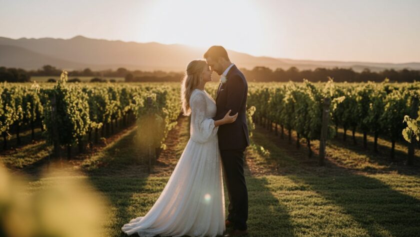A newly married couple sharing an intimate embrace amidst rows of sun-drenched grapevines at a Tarrawarra winery, with golden hour light, beautifully capturing intimate Tarrawarra winery wedding photography moments.