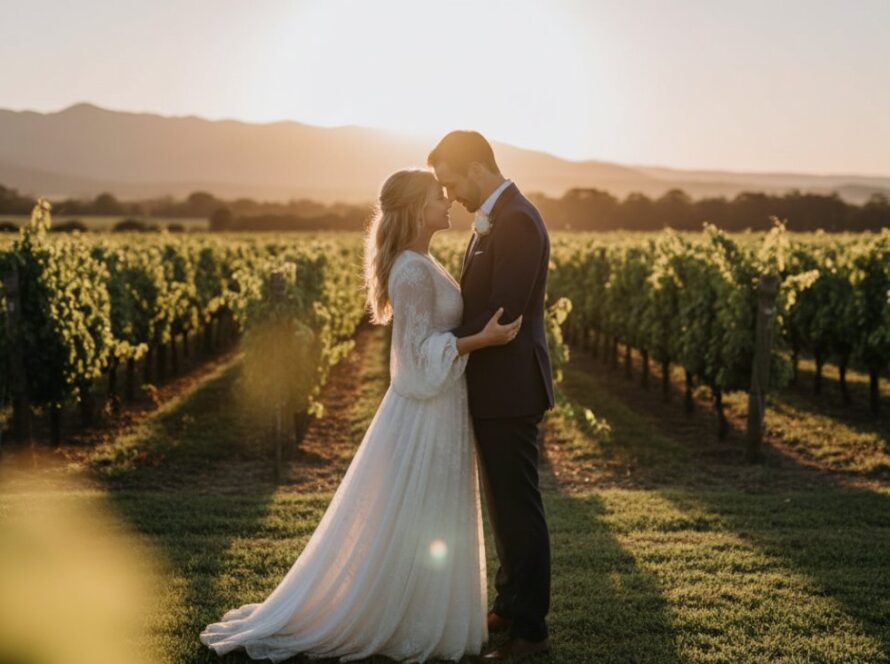 A newly married couple sharing an intimate embrace amidst rows of sun-drenched grapevines at a Tarrawarra winery, with golden hour light, beautifully capturing intimate Tarrawarra winery wedding photography moments.