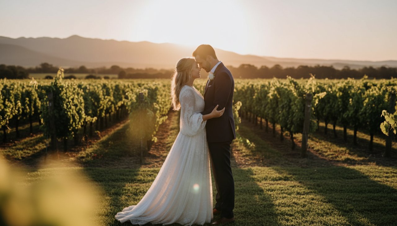 A newly married couple sharing an intimate embrace amidst rows of sun-drenched grapevines at a Tarrawarra winery, with golden hour light, beautifully capturing intimate Tarrawarra winery wedding photography moments.