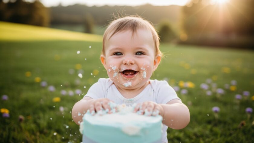 A high-energy, epic moment photograph of a one-year-old child covered in cake, joyfully smashing a birthday cake amidst the serene, rolling green hills of Avonsleigh, bathed in warm golden hour light, celebrating their first birthday with delightful chaos and genuine smiles, perfect for a blog about capturing joyful Avonsleigh cake smash photography.