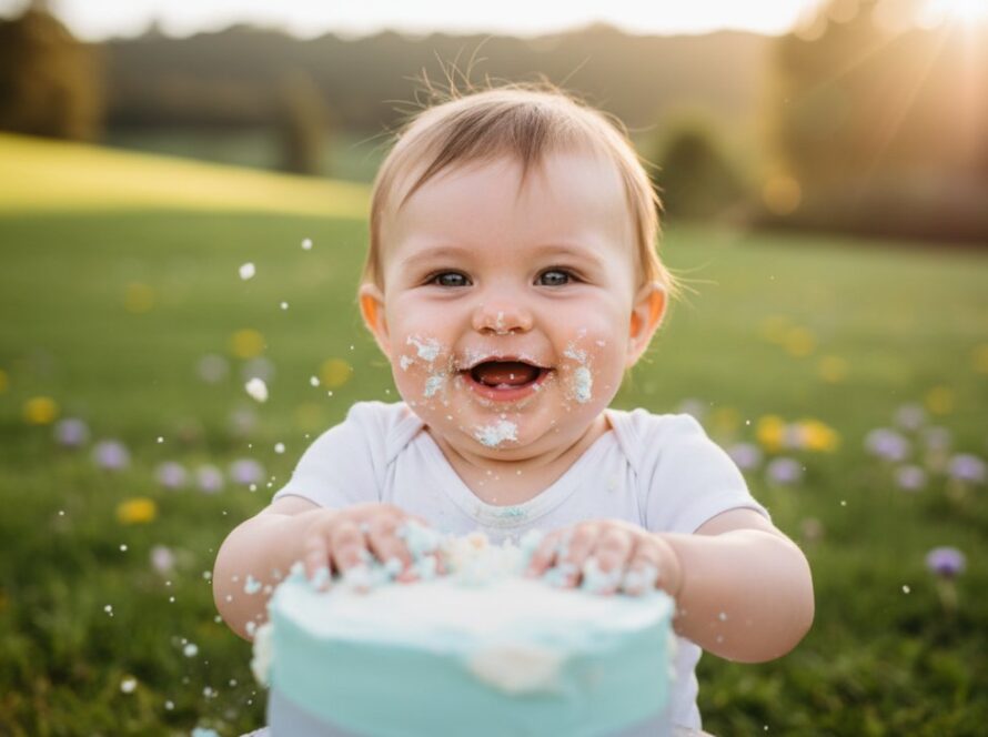 A high-energy, epic moment photograph of a one-year-old child covered in cake, joyfully smashing a birthday cake amidst the serene, rolling green hills of Avonsleigh, bathed in warm golden hour light, celebrating their first birthday with delightful chaos and genuine smiles, perfect for a blog about capturing joyful Avonsleigh cake smash photography.