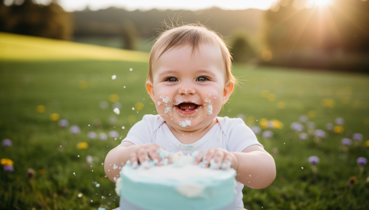 A high-energy, epic moment photograph of a one-year-old child covered in cake, joyfully smashing a birthday cake amidst the serene, rolling green hills of Avonsleigh, bathed in warm golden hour light, celebrating their first birthday with delightful chaos and genuine smiles, perfect for a blog about capturing joyful Avonsleigh cake smash photography.