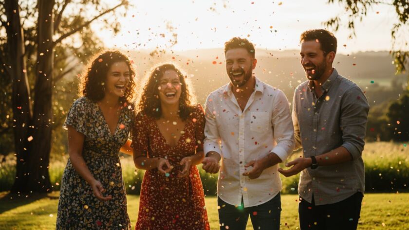 Capturing Joyful Badger Creek Party Photos: An exhilarating moment as confetti rains down on laughing friends at a vibrant outdoor celebration near Healesville Sanctuary, bathed in golden hour light, captured by a professional photographer.