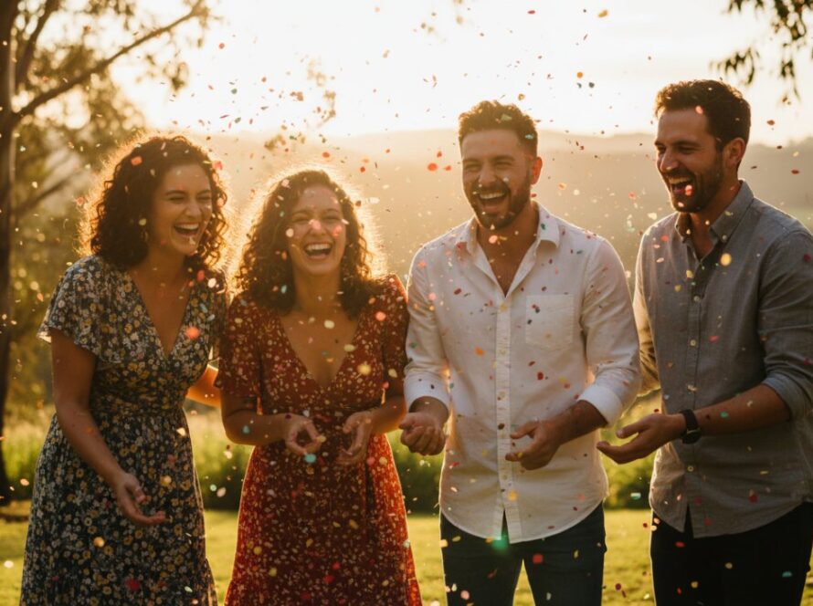 Capturing Joyful Badger Creek Party Photos: An exhilarating moment as confetti rains down on laughing friends at a vibrant outdoor celebration near Healesville Sanctuary, bathed in golden hour light, captured by a professional photographer.