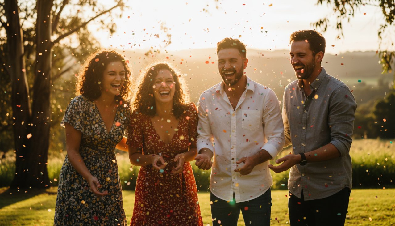 Capturing Joyful Badger Creek Party Photos: An exhilarating moment as confetti rains down on laughing friends at a vibrant outdoor celebration near Healesville Sanctuary, bathed in golden hour light, captured by a professional photographer.