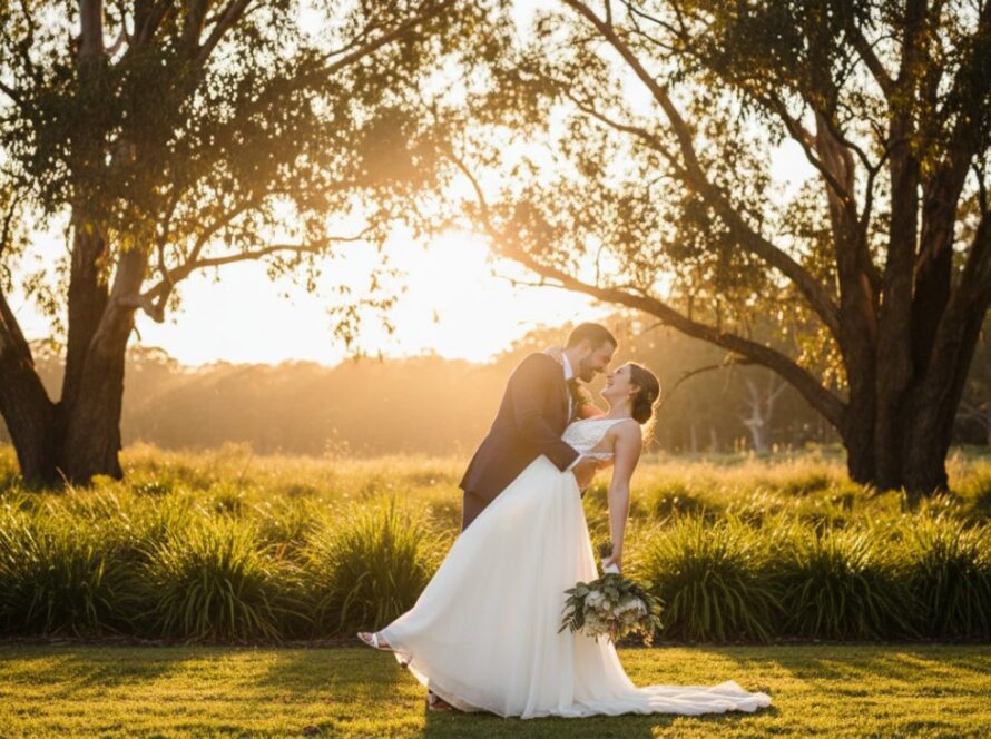 A newlywed couple shares a joyful, tender kiss under the dappled sunlight of Emerald Lake Park, perfectly capturing joyful Emerald wedding photography with the lush Dandenong Ranges in the background.