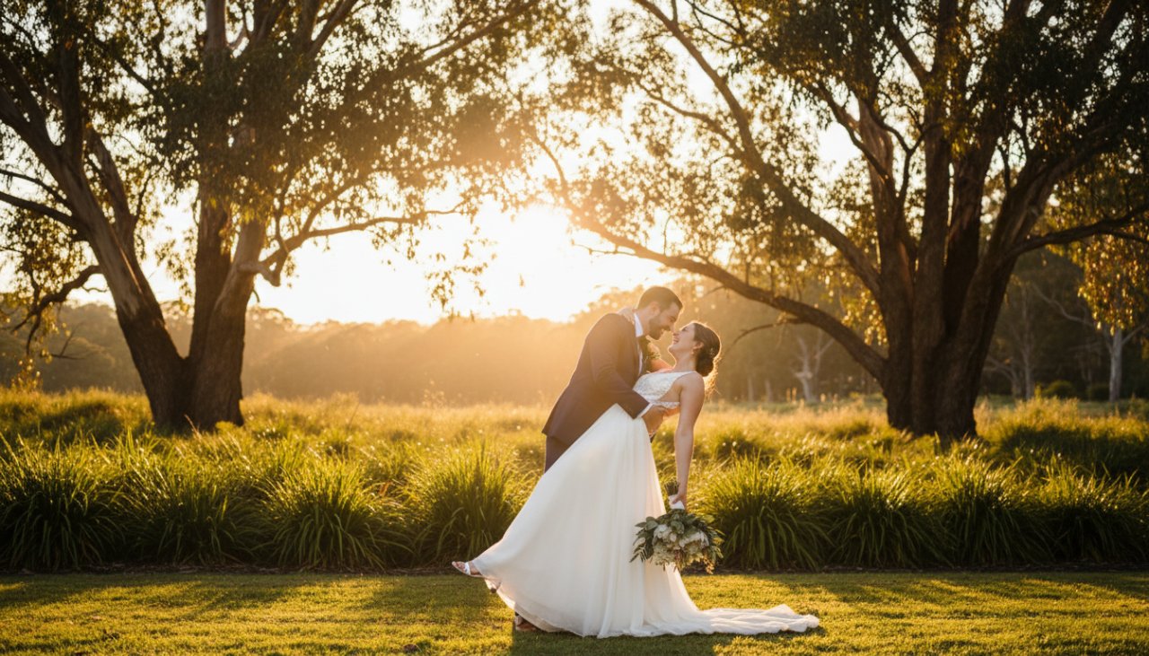 A newlywed couple shares a joyful, tender kiss under the dappled sunlight of Emerald Lake Park, perfectly capturing joyful Emerald wedding photography with the lush Dandenong Ranges in the background.