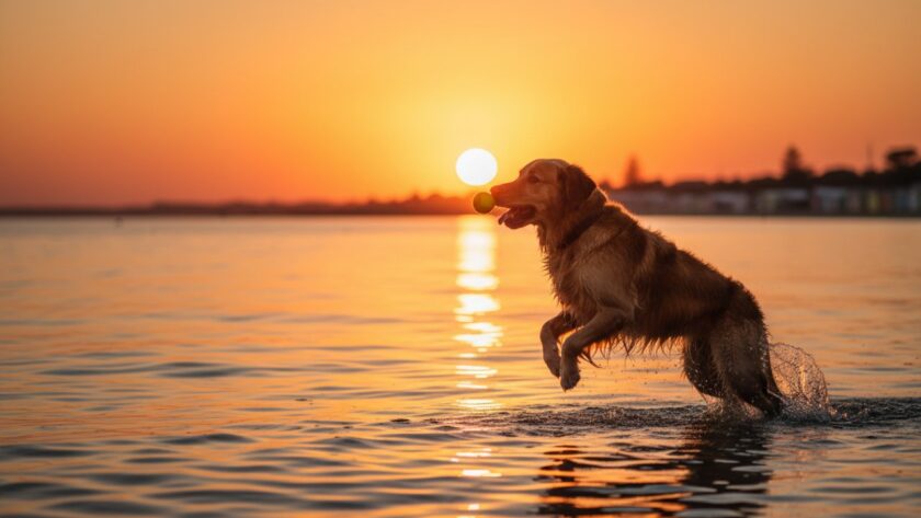 An epic moment photograph of a golden retriever joyfully leaping through shallow waves at Safety Beach, catching a tennis ball with the iconic colourful bathing boxes faintly visible in the background, perfectly capturing joyful pet portraits Safety Beach.