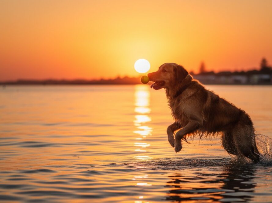 An epic moment photograph of a golden retriever joyfully leaping through shallow waves at Safety Beach, catching a tennis ball with the iconic colourful bathing boxes faintly visible in the background, perfectly capturing joyful pet portraits Safety Beach.
