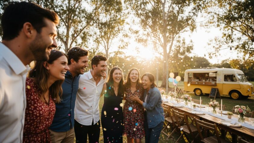 A wide-angle, candid photograph of guests laughing and raising glasses in a beautifully decorated marquee at sunset in Wandin East, perfectly Capturing joyful Wandin East celebration photography, with soft string lights glowing.