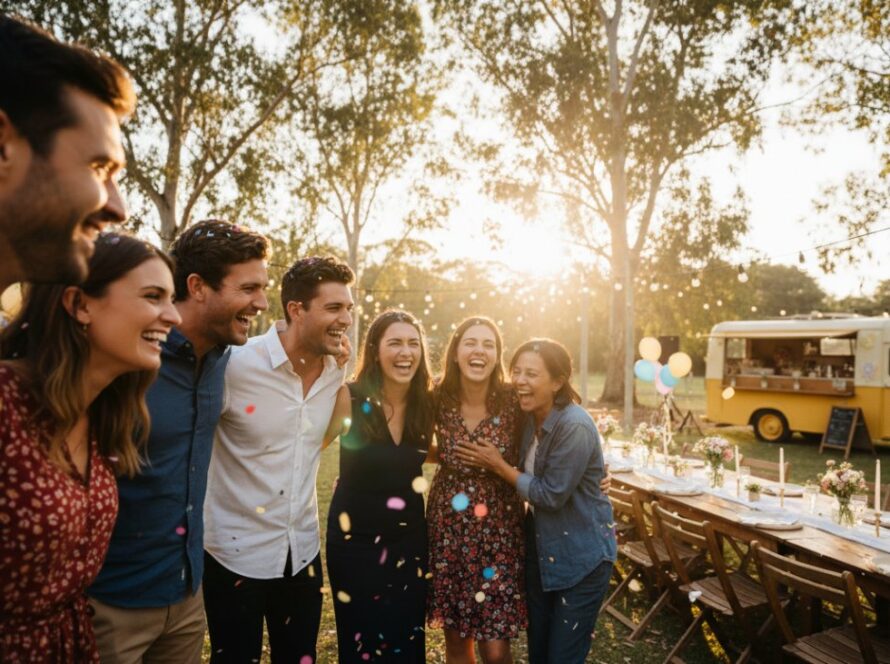 A wide-angle, candid photograph of guests laughing and raising glasses in a beautifully decorated marquee at sunset in Wandin East, perfectly Capturing joyful Wandin East celebration photography, with soft string lights glowing.