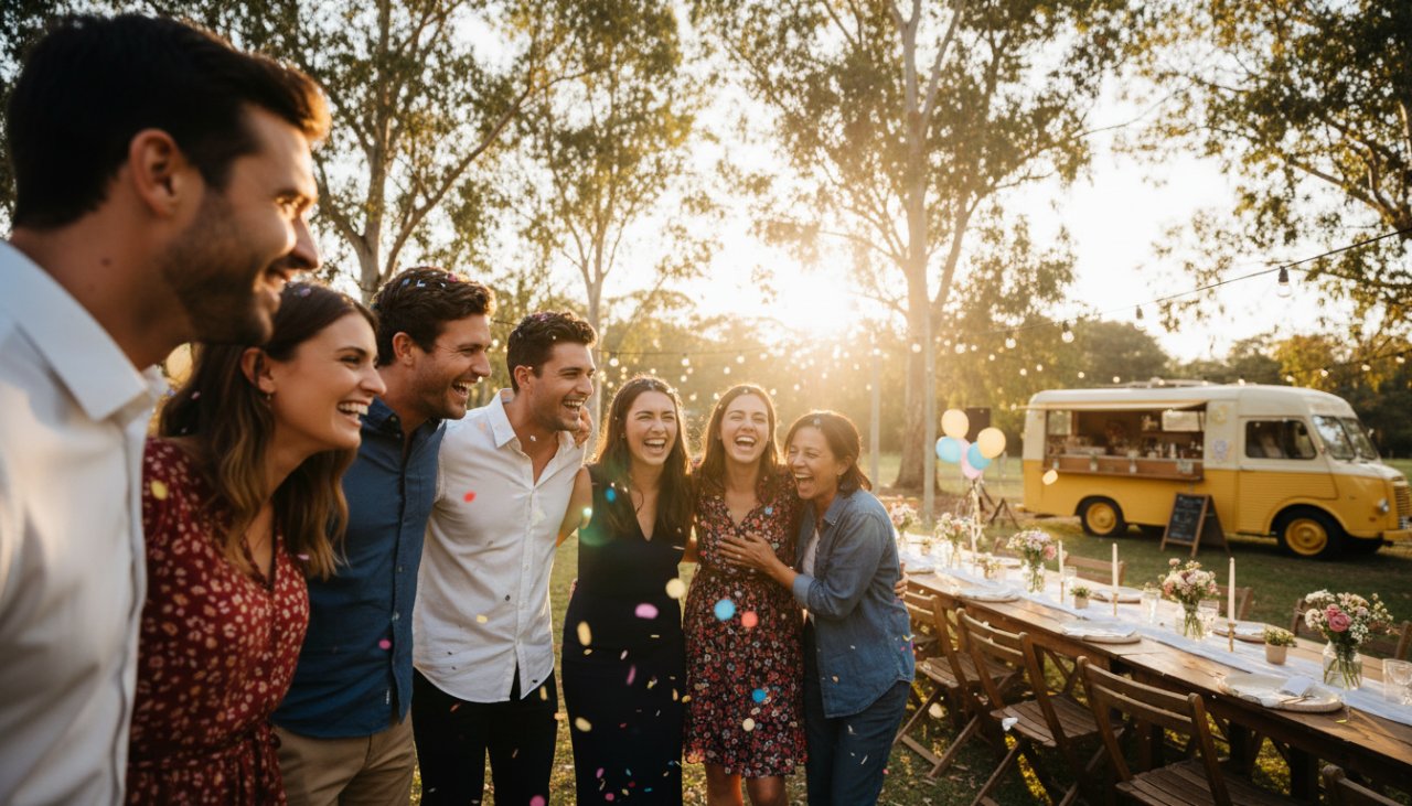 A wide-angle, candid photograph of guests laughing and raising glasses in a beautifully decorated marquee at sunset in Wandin East, perfectly Capturing joyful Wandin East celebration photography, with soft string lights glowing.