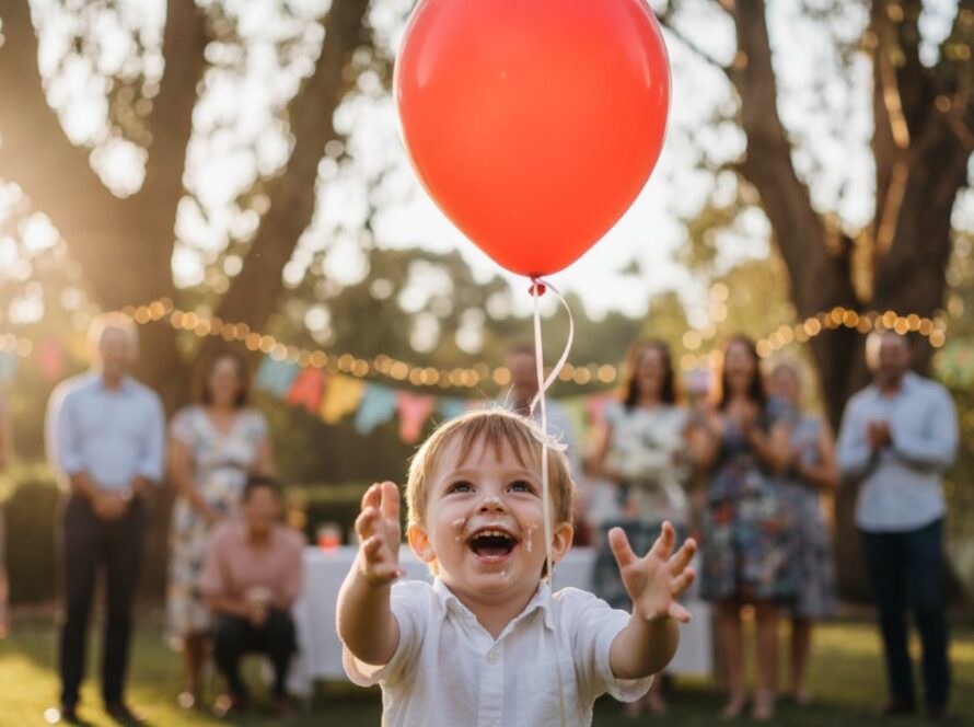 A joyful child laughing while blowing out birthday candles, surrounded by smiling family and friends in a beautifully lit Castella backyard, perfectly capturing joyous Castella backyard birthday bash photos and a truly epic celebration moment.