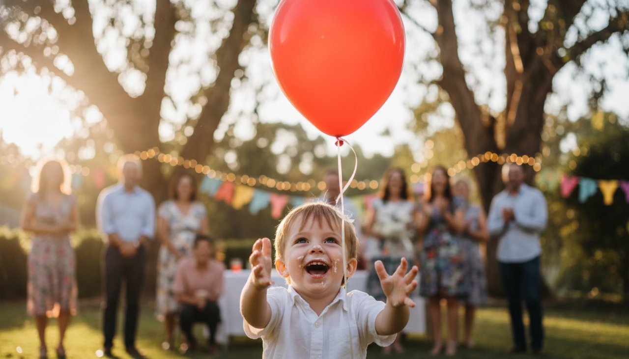 A joyful child laughing while blowing out birthday candles, surrounded by smiling family and friends in a beautifully lit Castella backyard, perfectly capturing joyous Castella backyard birthday bash photos and a truly epic celebration moment.
