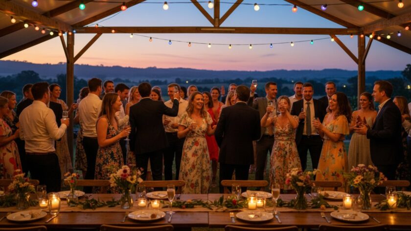 An candid wide shot capturing joyous Gruyere party photography: friends laughing and raising glasses in a beautifully decorated barn at twilight, with the rolling hills of Gruyere in the background.