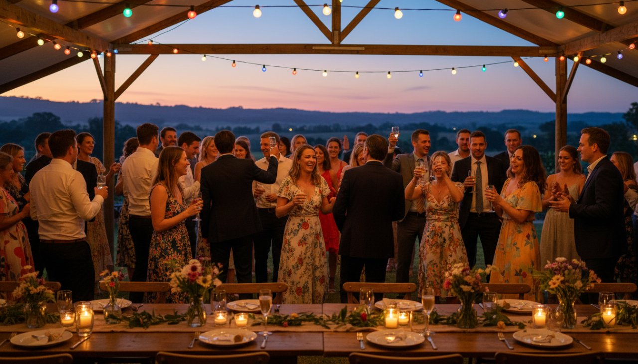 An candid wide shot capturing joyous Gruyere party photography: friends laughing and raising glasses in a beautifully decorated barn at twilight, with the rolling hills of Gruyere in the background.