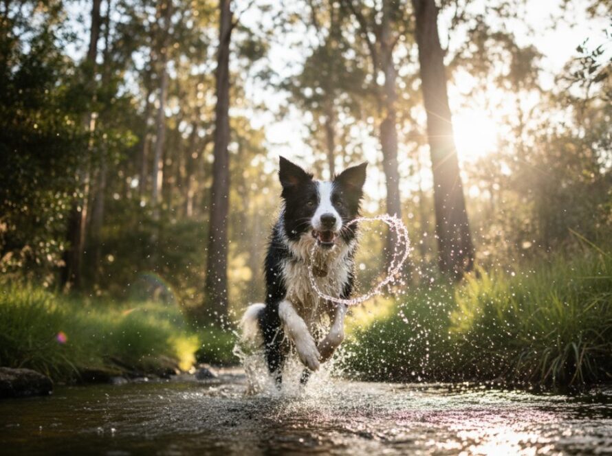 A golden retriever joyfully leaping through a sun-dappled field at Emerald Lake Park, Menzies Creek, catching a frisbee in mid-air, with a wide, happy grin, perfectly capturing joyous pet portraits Menzies Creek Victoria in an epic, action-filled moment.