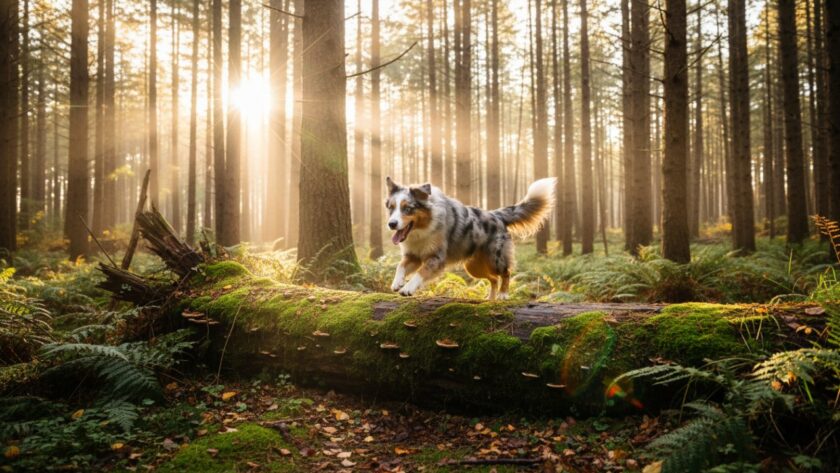A golden retriever joyfully leaping through golden autumn leaves in a sun-dappled forest clearing in Sherbrooke, Dandenong Ranges, an epic moment capturing joyous pet portraits Sherbrooke Dandenong Ranges with boundless energy and a happy expression.