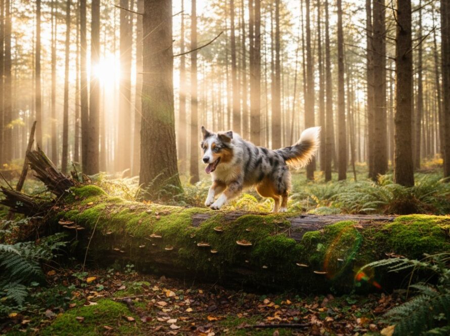 A golden retriever joyfully leaping through golden autumn leaves in a sun-dappled forest clearing in Sherbrooke, Dandenong Ranges, an epic moment capturing joyous pet portraits Sherbrooke Dandenong Ranges with boundless energy and a happy expression.
