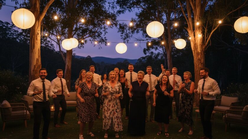 A wide-angle, vibrant photograph capturing joyous Sherbrooke party moments at dusk, with guests laughing and dancing under string lights in a beautiful garden setting near Sherbrooke Forest, showcasing the lively atmosphere and candid joy. The focus is on a group of friends mid-laugh, illuminated by warm fairy lights and a setting sun filtering through eucalyptus trees, creating an epic moment of celebration.