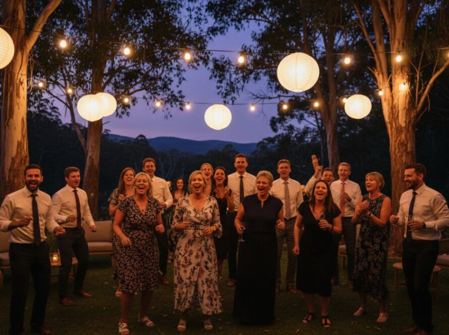A wide-angle, vibrant photograph capturing joyous Sherbrooke party moments at dusk, with guests laughing and dancing under string lights in a beautiful garden setting near Sherbrooke Forest, showcasing the lively atmosphere and candid joy. The focus is on a group of friends mid-laugh, illuminated by warm fairy lights and a setting sun filtering through eucalyptus trees, creating an epic moment of celebration.
