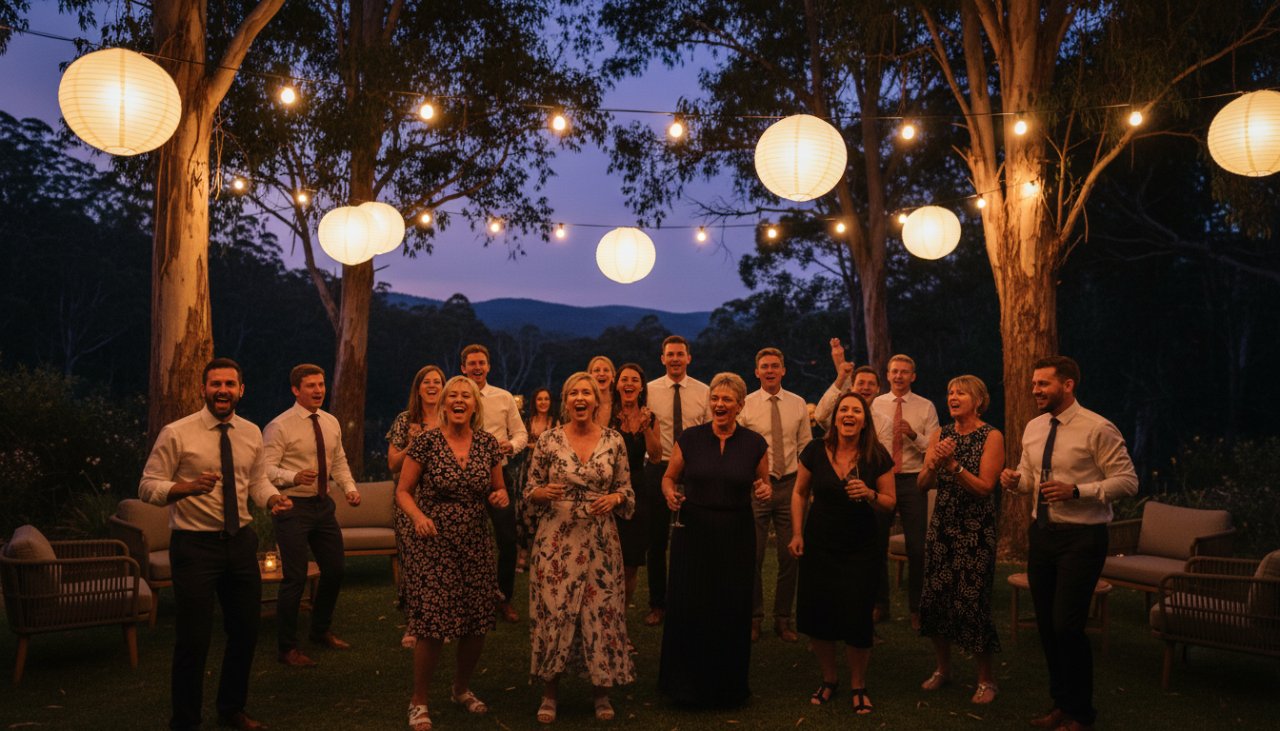 A wide-angle, vibrant photograph capturing joyous Sherbrooke party moments at dusk, with guests laughing and dancing under string lights in a beautiful garden setting near Sherbrooke Forest, showcasing the lively atmosphere and candid joy. The focus is on a group of friends mid-laugh, illuminated by warm fairy lights and a setting sun filtering through eucalyptus trees, creating an epic moment of celebration.