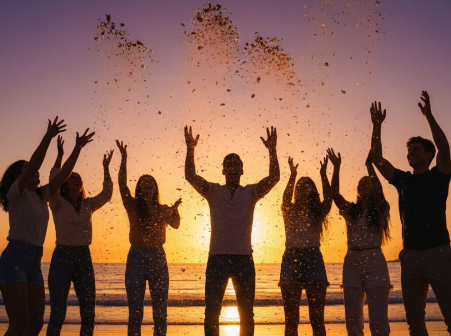 A professional photograph capturing joyous Somers beach party photography moments, featuring friends laughing and dancing by the ocean at sunset, silhouetted against vibrant colours.