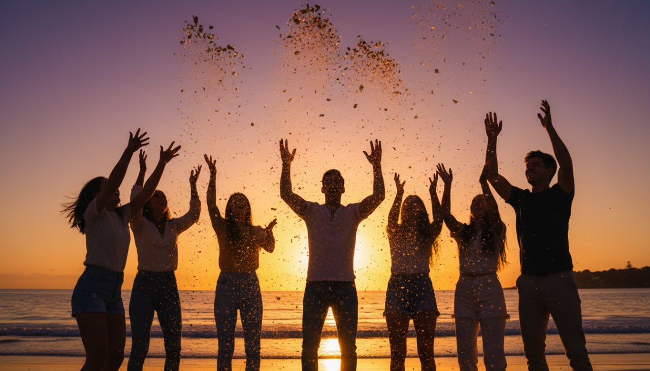 A professional photograph capturing joyous Somers beach party photography moments, featuring friends laughing and dancing by the ocean at sunset, silhouetted against vibrant colours.