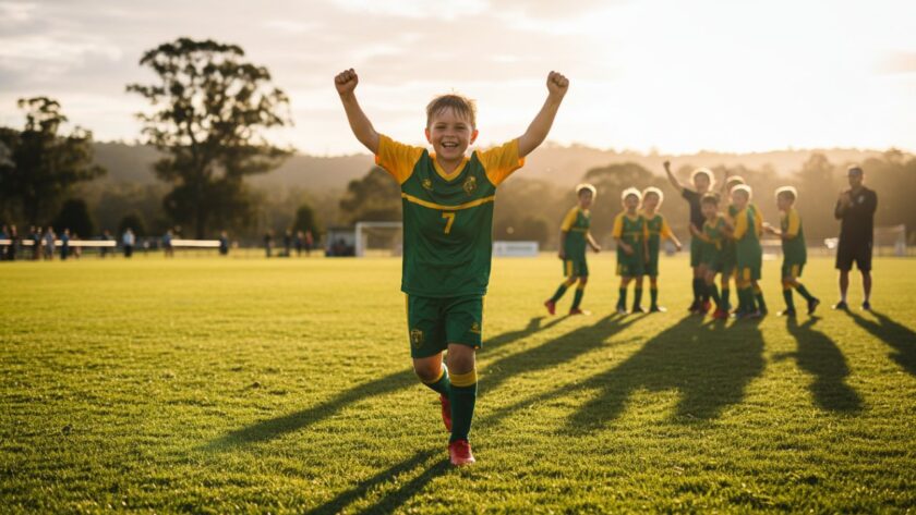 Dynamic wide-angle shot capturing junior sporting triumphs Seville Victoria, featuring a young athlete scoring a goal on a vibrant green oval at sunset, with cheering teammates and spectators in the background, conveying elation and local community spirit.